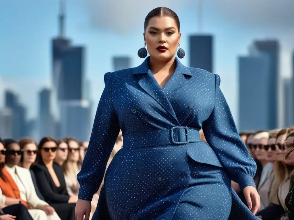 Deslumbrante desfile de moda sostenible en tallas grandes, con elegancia y empoderamiento, en una ciudad moderna
