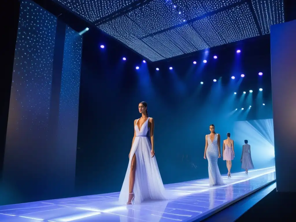 Desfile ecofuturista: moda sostenible y tecnología avanzada Deslumbrante desfile de moda ecoconsciente con tecnología innovadora en pasarela brillante