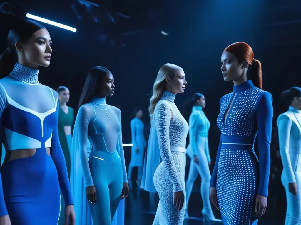 Desfile futurista de moda con textiles inteligentes en 8k Deslumbrante desfile de moda con tejidos tecnológicos que cambian de patrón en una pasarela futurista