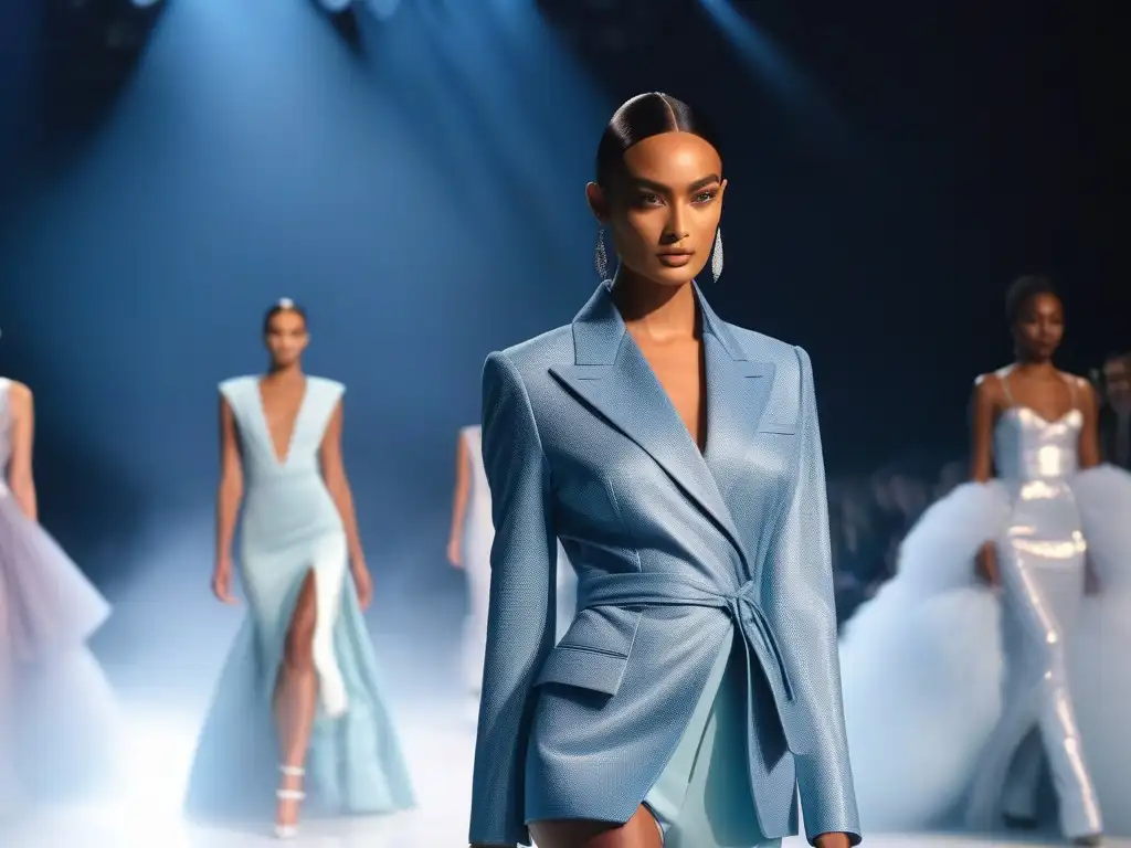 Desfile de moda futurista en pasarela de alta tecnología Deslumbrante desfile de moda con tejidos adaptativos realzan figura y diseño vanguardista