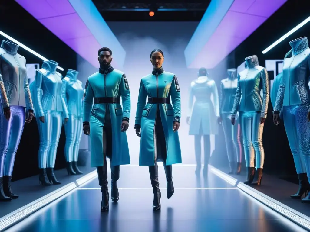 Moda nanotecnológica sorprendente en pasarela futurista Deslumbrante desfile de moda con textiles revolucionarios con nanotecnología, colores cambiantes y diseños adaptables