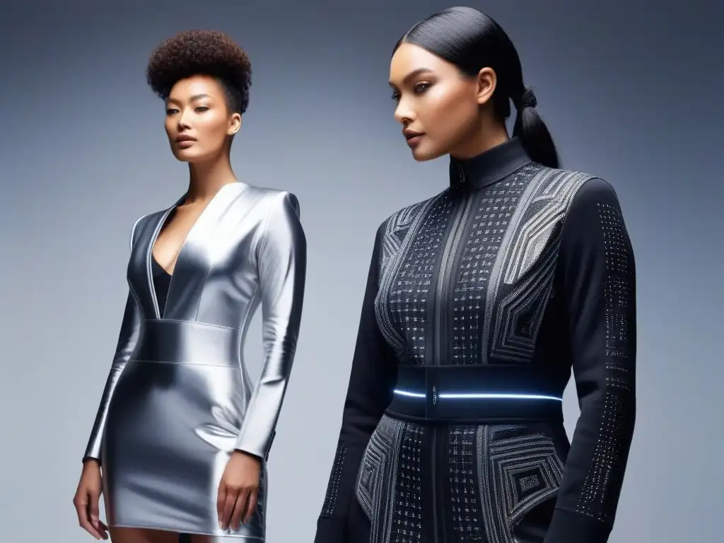 Moda inclusiva y tecnológica: diseño futurista con textiles conductores Deslumbrante moda inclusiva tallas especiales textiles conductivos en modelos diversos, en estudio moderno