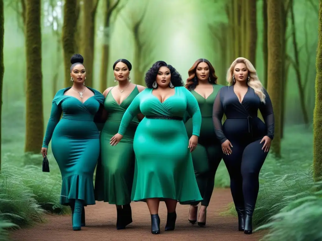 Desfile de moda sostenible: modelos plus size en el bosque Deslumbrante moda sostenible tallas grandes en un bosque verde, con modelos seguras y elegantes