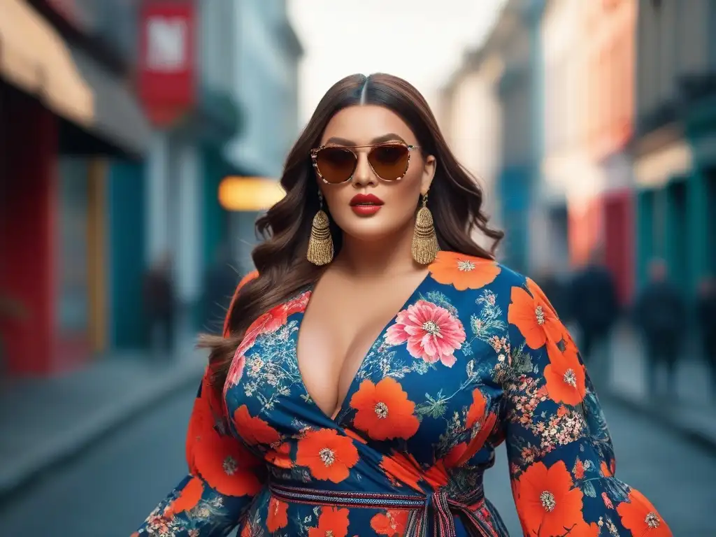 Modelo de tallas grandes deslumbrante en vestido floral vibrante Deslumbrante modelo de tallas grandes luciendo un maxi vestido estampado con estilo, irradiando confianza en la ciudad