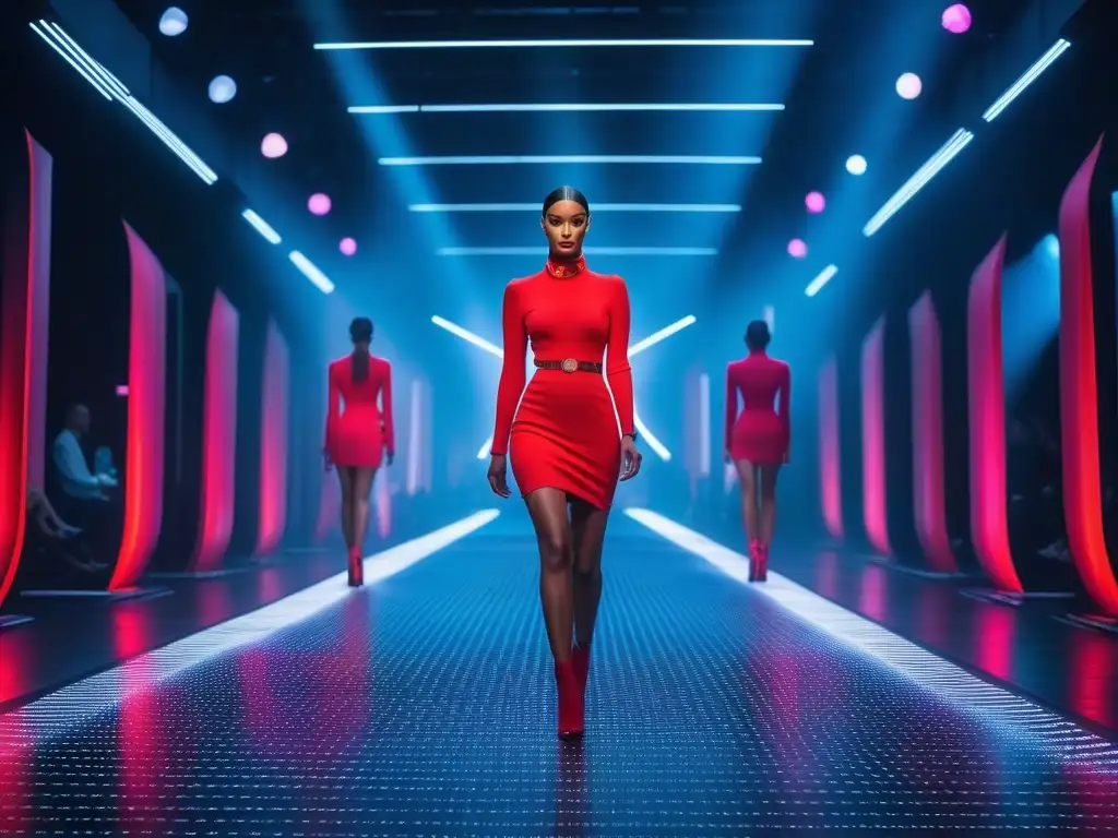 Desfile futurista de moda con tecnología y estilo Deslumbrante pasarela futurista con modelos llevando wearables en tendencias de moda, iluminada con luces de neón