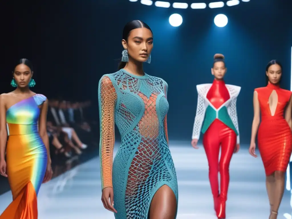 Desfile de moda futurista con diseños 3D impresionantes Deslumbrante pasarela de moda futurista con diseños de impresión 3D