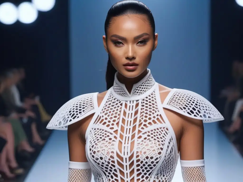 Desfile de moda futurista con ropa 3D de vanguardia Deslumbrante pasarela de moda futurista con prendas de impresión 3D