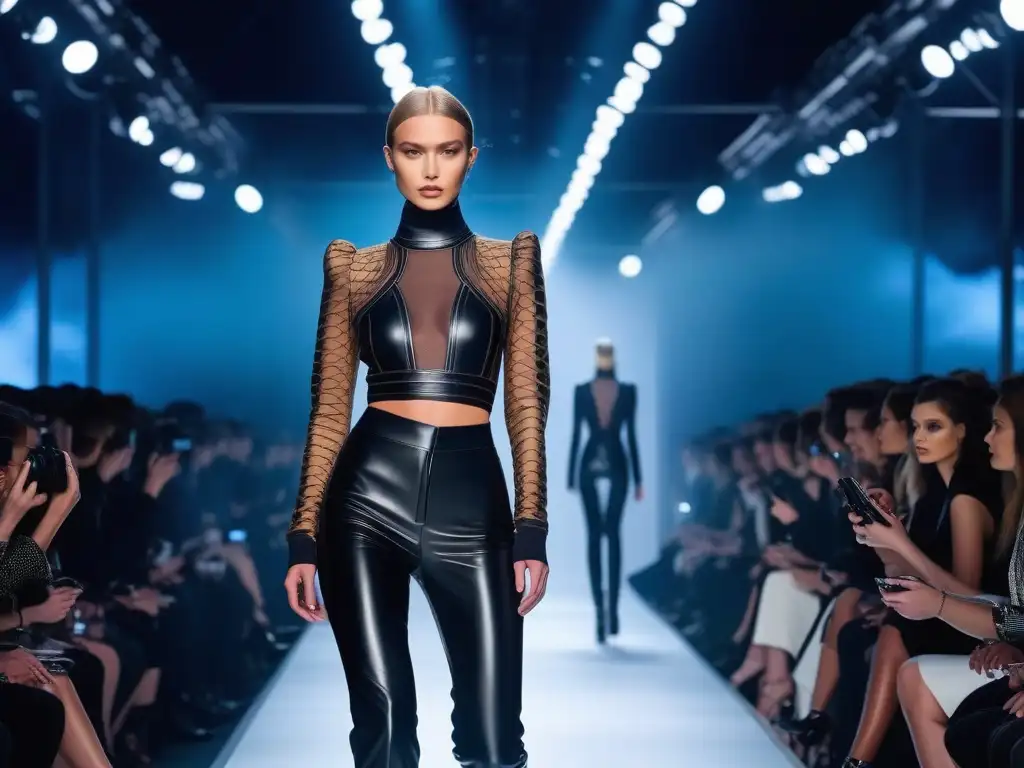 Pasarela futurista: moda vanguardista y tecnología Deslumbrante pasarela de moda futurista con diseño vanguardista y colores audaces, sumergida en la psicología del consumidor en moda