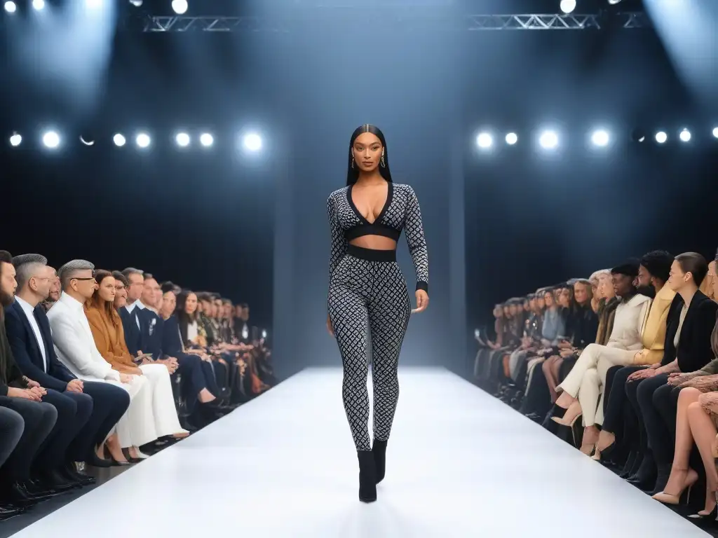 Desfile de moda inclusivo con telas elásticas innovadoras Una deslumbrante pasarela de moda inclusiva con modelos de distintos tamaños, edades y etnias luciendo prendas innovadoras de tejidos elásticos