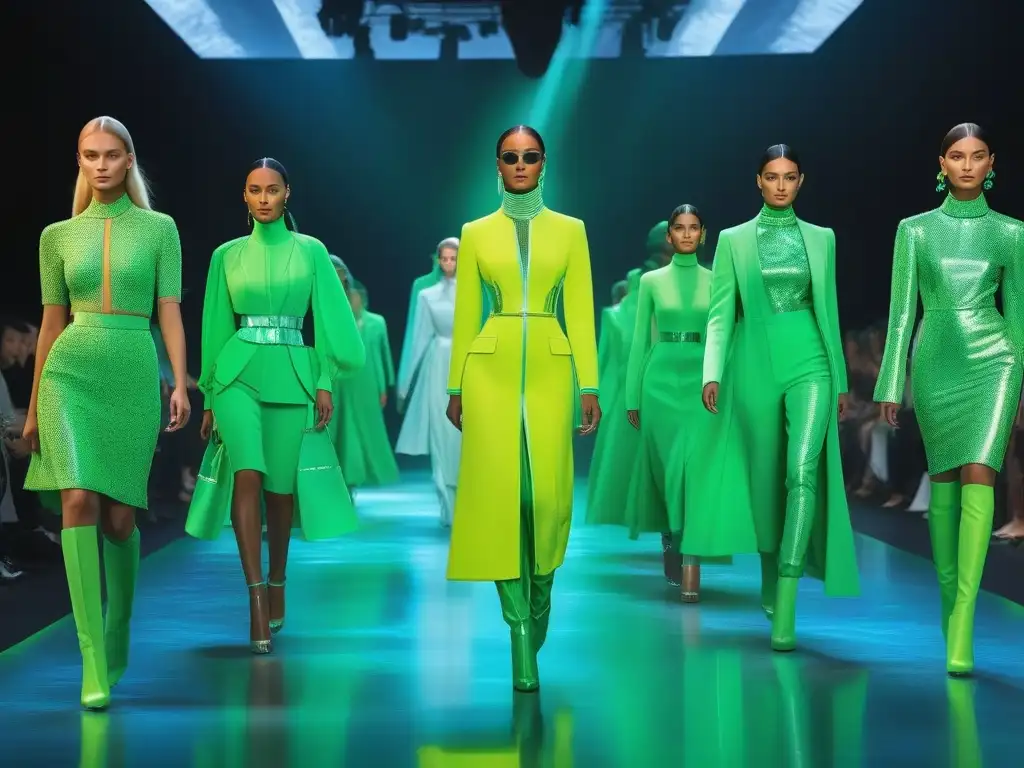 Pasarela futurista de moda sostenible: innovación y sofisticación eco Deslumbrante pasarela de moda sostenible en un ambiente innovador y sofisticado
