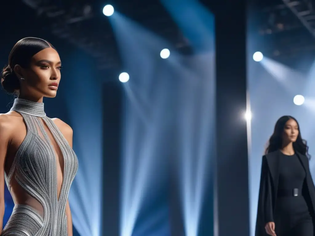 Desfile de moda sostenible futurista con tecnología de vanguardia Deslumbrante pasarela de moda sostenible con gadgets de alta gama, fusionando tecnología y estilo en un escenario innovador