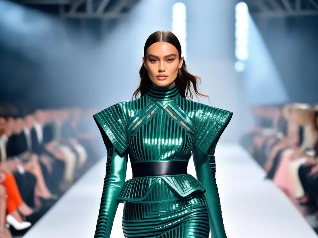 Desfile eco-chic: moda sostenible en la ciudad del futuro Deslumbrante pasarela de moda sostenible con materiales reciclados en una ciudad futurista