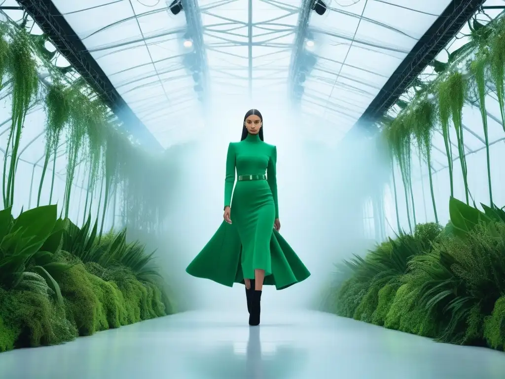 Desfile ecofashion: moda sostenible y vanguardia Deslumbrante pasarela de moda ecoconsciente con tejidos biodegradables en vibrantes colores, fusionando estilo y sostenibilidad