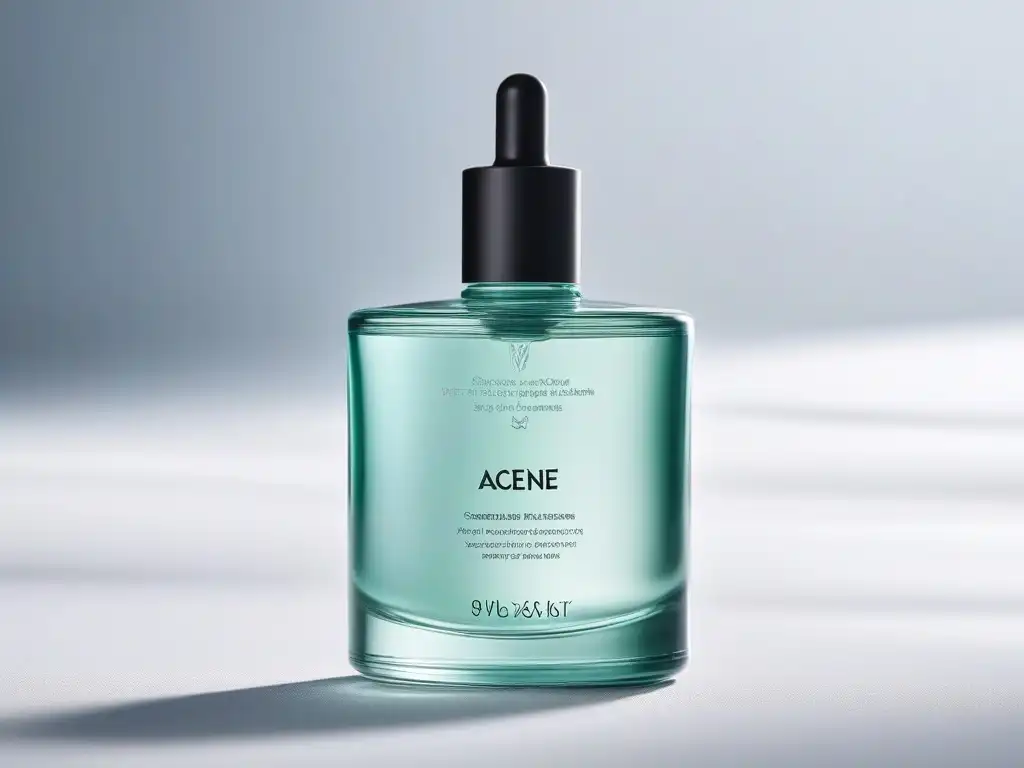 Remedios modernos para piel acné: elegancia y eficacia Desmaquillantes pieles acné tallas especiales en packaging elegante sobre superficie reflectante iluminada suavemente