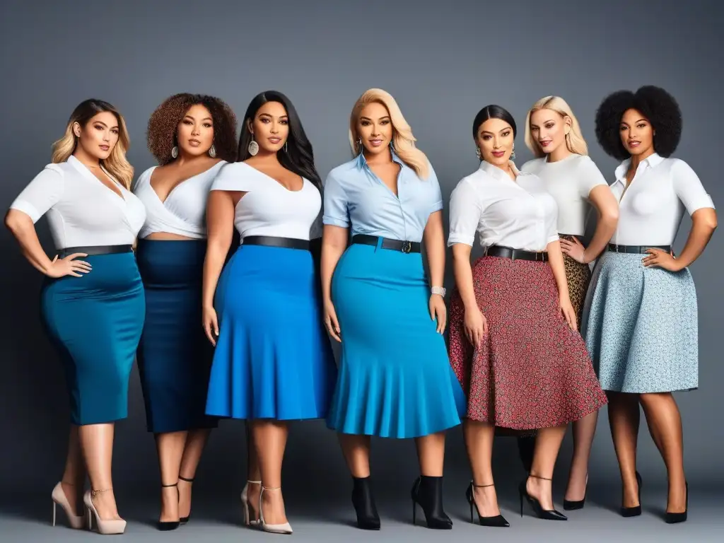 Deslumbrantes mujeres plussize lucen faldas trendy en boutique elegante Un despliegue de confianza y estilo con mujeres plus size de distintas etnias y edades luciendo faldas trendy en una boutique moderna