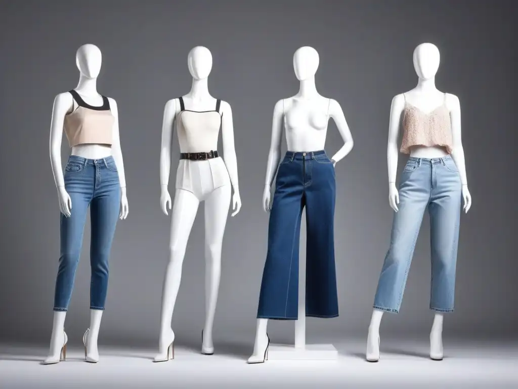 Diversidad de cuerpos: moda inclusiva en envases Un despliegue diverso de maniquíes con ropa para distintos tipos de cuerpo, resaltando la inclusividad en la presentación de productos de moda