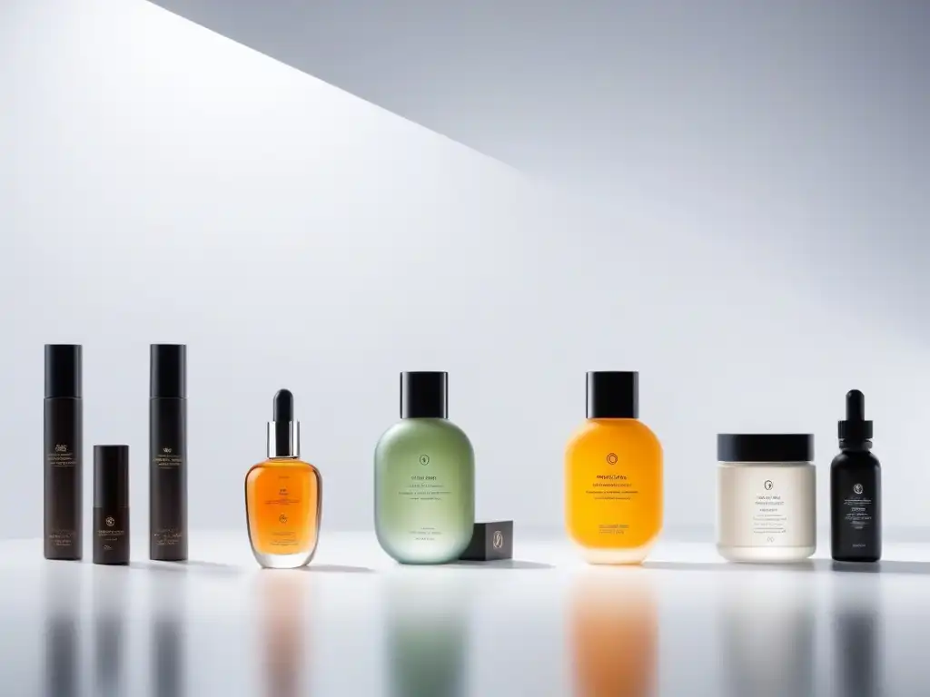 Exclusiva exhibición de belleza con modelos diversos y productos de lujo Despliegue lujoso de productos de belleza incluyentes con modelos de diversos cuerpos y tonos de piel, destacando elegancia y diversidad