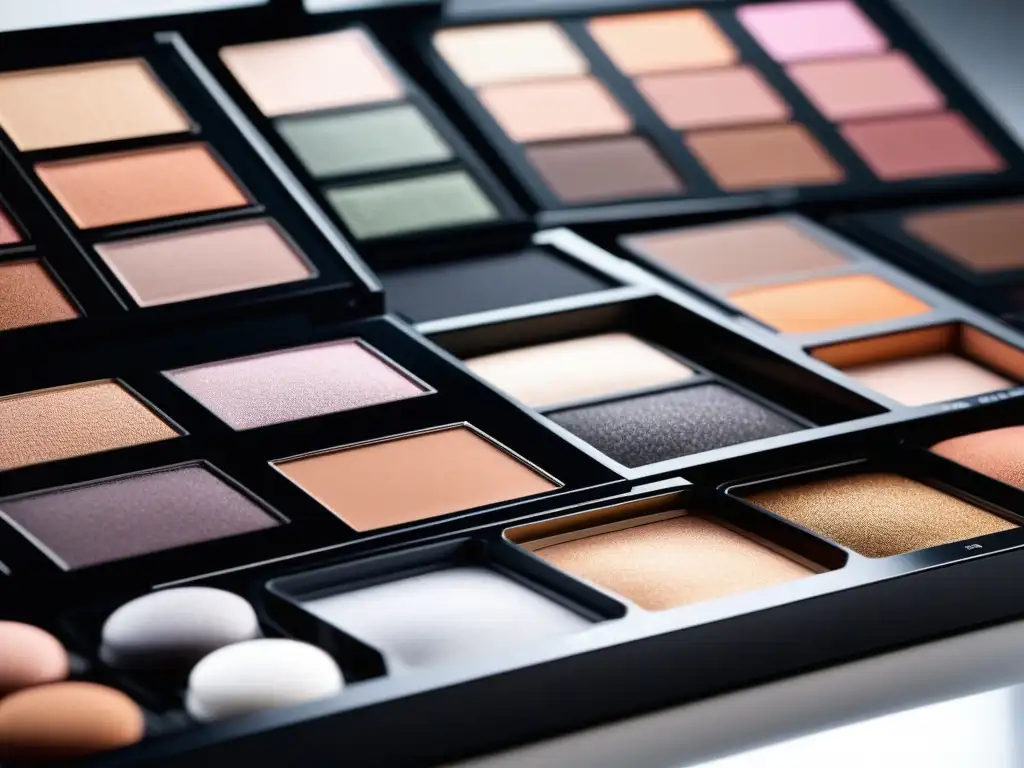 Paletas de sombras de ojos: gama de tonos e intensidad para cada piel Un despliegue de paletas de sombras de ojos para pieles diversas en un elegante y reflectante fondo, destacando tonos y acabados variados