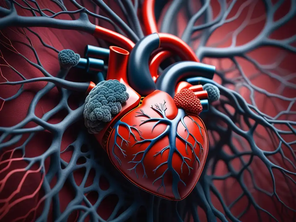 Corazón sano: ilustración detallada y vibrante con red de vasos sanguíneos Ilustración detallada de un corazón sano rodeado de vasos sanguíneos, mostrando flujo de sangre enriquecida con suplementos para corazón y circulación