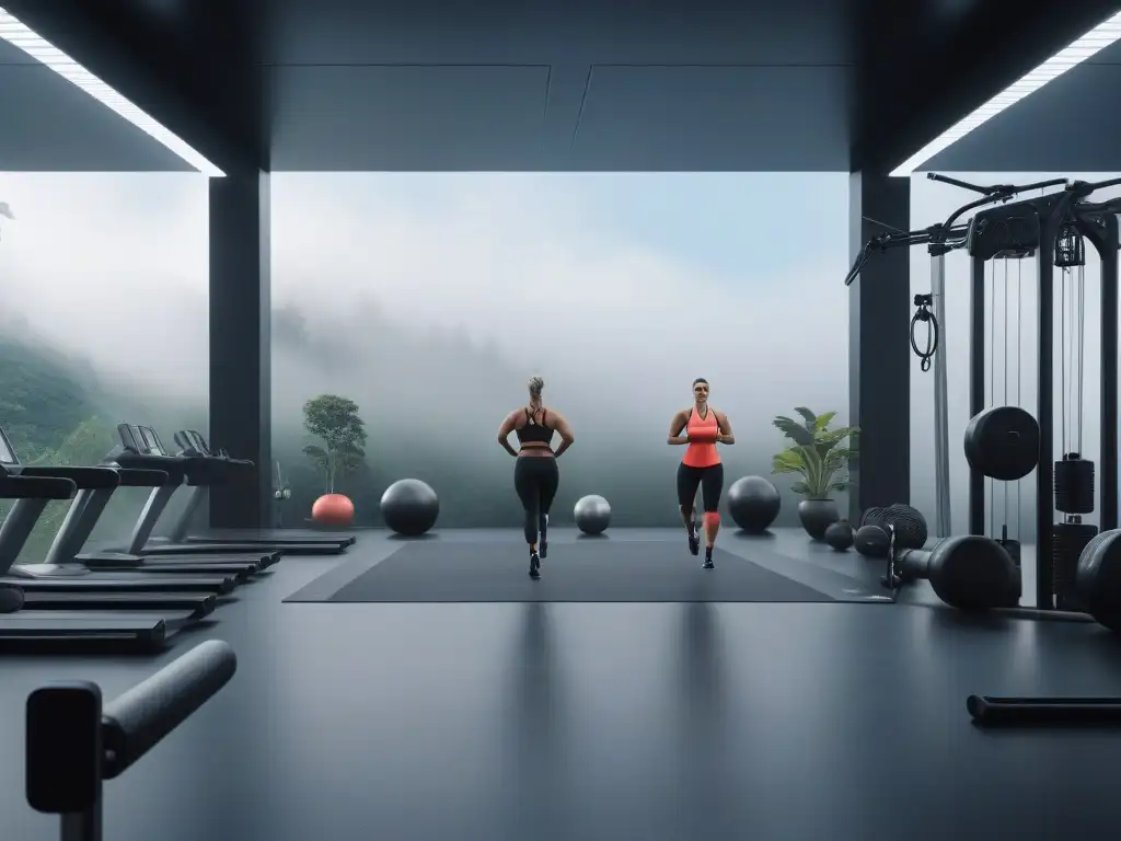 Variada diversidad corporal en el gimnasio del futuro Ilustración detallada de diversidad en ejercicio en un gimnasio futurista