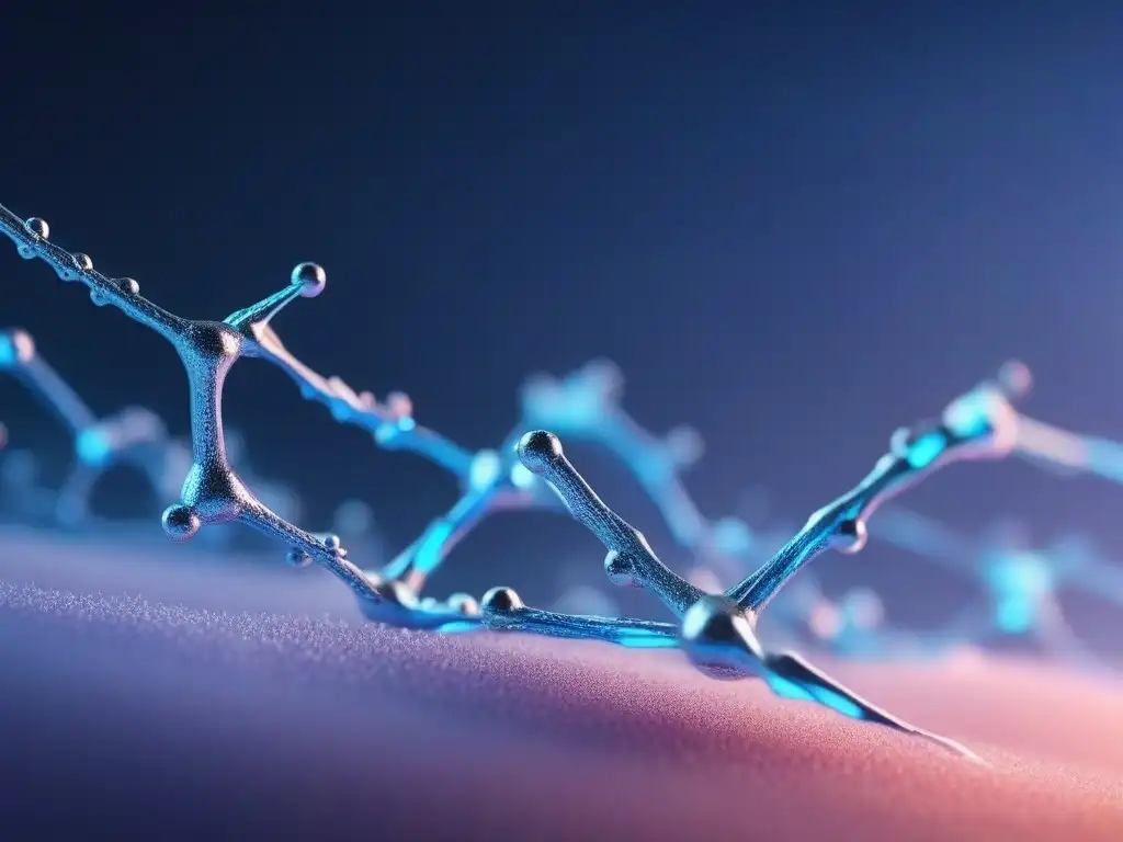 Colágeno y ácido hialurónico: estructura molecular futurista en 8k Detallada estructura molecular de colágeno y ácido hialurónico, irradiando fuerza y vitalidad