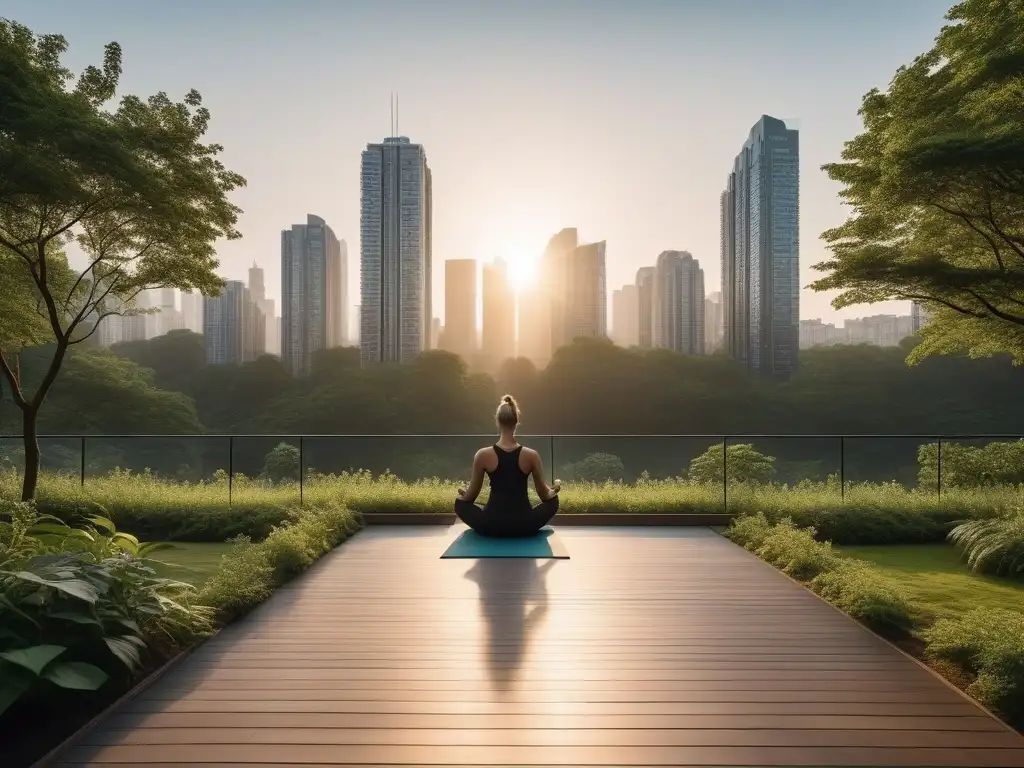 Metrópolis futurista: bienestar urbano y natural Ilustración detallada y moderna de una ciudad futurista al atardecer, con edificios altos reflejando la última luz del sol