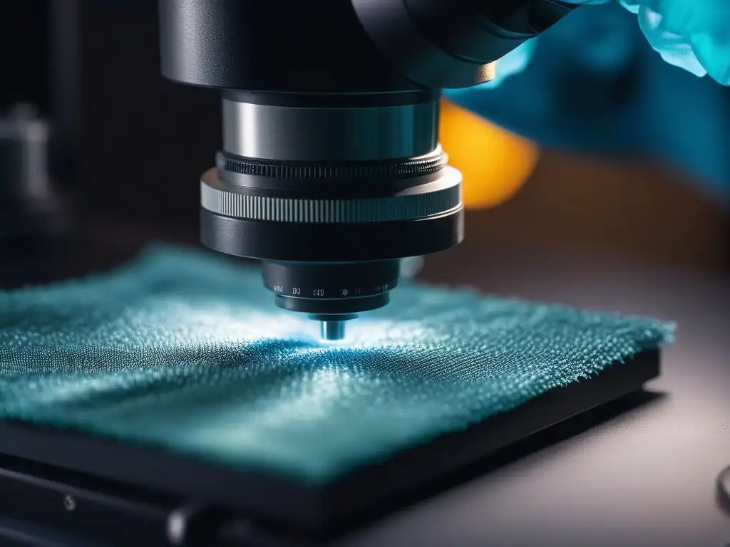 Exploración detallada de tejidos sostenibles bajo microscopio Detallada investigación de tela bajo microscopio, resalta moda sostenible nuevos materiales desarrollo