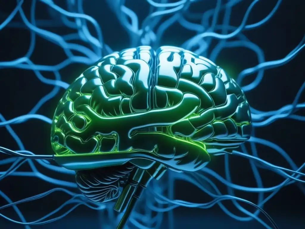 Neuroconexiones brillantes: cerebro humano detallado en azul y verde Detallado cerebro humano con conexiones neuronales brillantes en azul y verde, simbolizando claridad mental