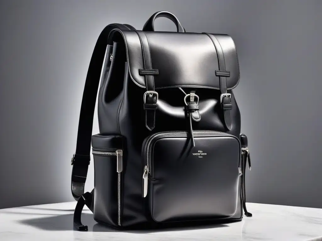 Exclusiva mochila de cuero negro en mármol Detallado y elegante morral de cuero negro con accesorios plateados, sobre un mostrador de mármol