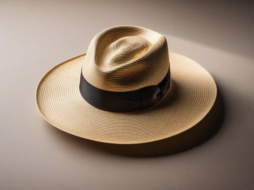 Sombrero Panama artesanal de lujo en alta resolución Detallado sombrero Panama de alta gama con cinta de seda neutra, exhibido elegantemente