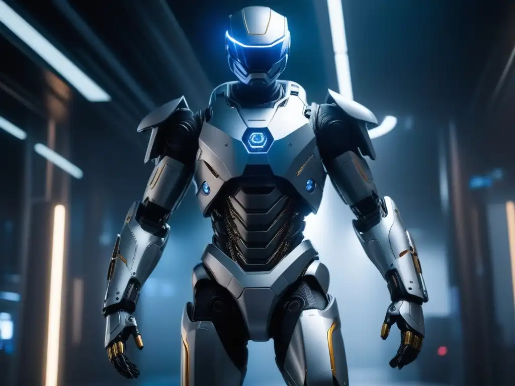 Exoesqueleto futurista de alta tecnología para movilidad Detallado traje exoesqueleto de alta tecnología en ambiente futurista, resaltando su diseño innovador