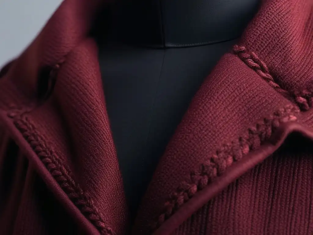 Abrigo de invierno plus size: lujo en lana burdeos Detalle del abrigo plus size invierno en lujosa lana burgundy, resaltando la artesanía y durabilidad de la prenda