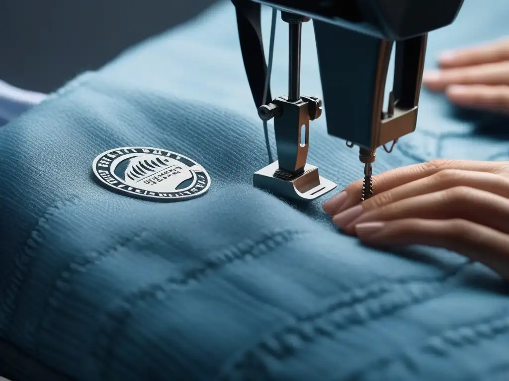 Detalle certificaciones moda sostenible: cosido y logos Detalle del cosido de etiqueta de moda sostenible con certificaciones eco, resaltando la importancia certificaciones moda sostenible