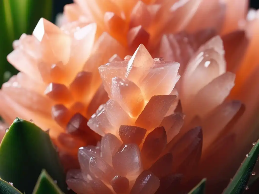 Brillante cristal de sal rosa del Himalaya con aloe vera Detalle cristal de sal rosa del Himalaya y hojas de sábila, simbolizando pureza y frescura para alimentación de piel sana