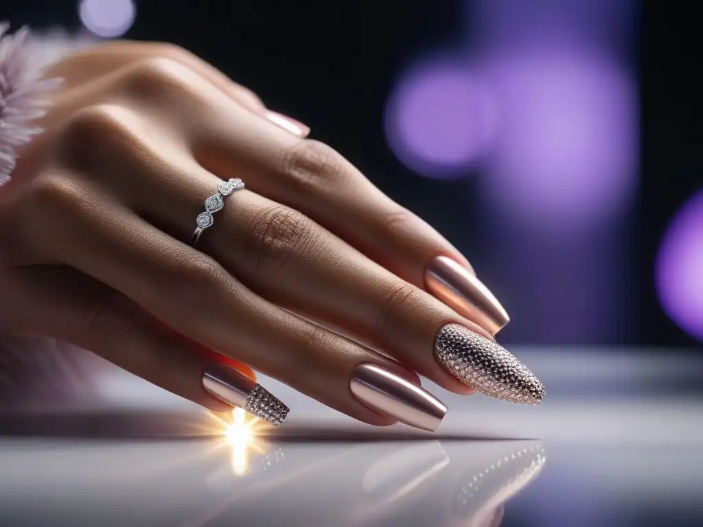 Manicura de lujo: Diseños de uñas sofisticados y detallados Detalle de uñas con diseño de alta gama y manicura impecable en tonos florales y geométricos