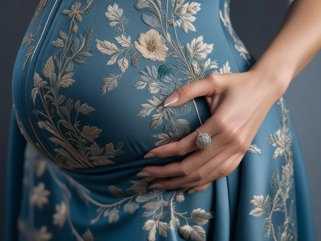 Arte en costura: Ajuste preciso de vestido floral para embarazadas Detalle experto: Sastre ajusta vestido floral para embarazo