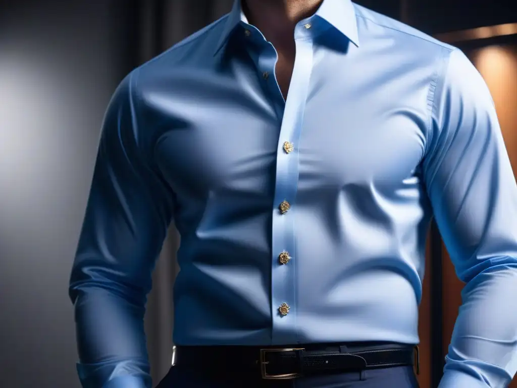 Camisa de lujo para personas altas: detalles impecables y colores ricos Detalle exquisito de una camisa para personas altas: colores ricos, texturas lujosas y costuras intrincadas