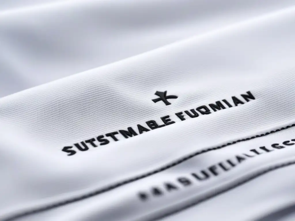 Etiqueta de ropa sostenible: detalles negros en blanco Detalle exquisito de etiqueta blanca con costuras negras, símbolos y texto sobre moda sostenible
