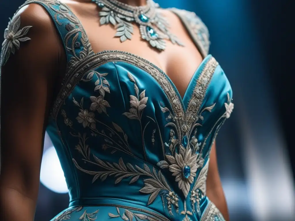 Exquisita artesanía en un vestido de alta costura: lujo y detalle Detalle exquisito de un vestido de alta costura, deslumbrante y artístico