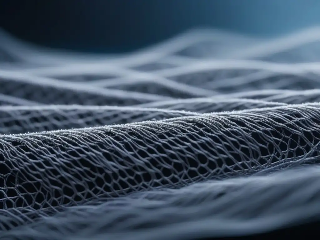 Tejido de seda de araña sintética: detalle ultradetallado Detalle futurista del tejido de seda de araña sintética bajo microscopio