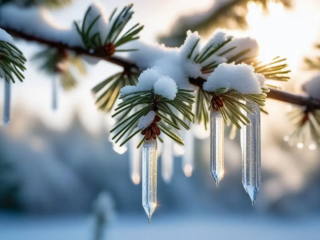 Belleza invernal: icicle de cristal en paisaje nevado Detalle impresionante de un paisaje invernal con un cristalino carámbano en un pino helado