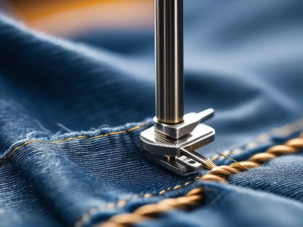 Arte en denim: costura detallada de aguja vintage Detalle íntimo de máquina de coser vintage revolucionando el denim en museos