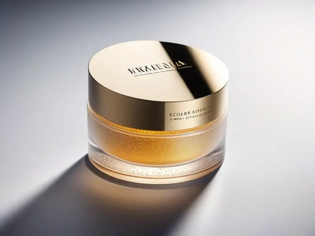 Exfoliante de Lujo: Textura y Brillo en Elegante Envase Detalle de un lujoso exfoliante moderno con elegante empaque, destacando sus beneficios exfoliantes de lujo bajo suave iluminación natural