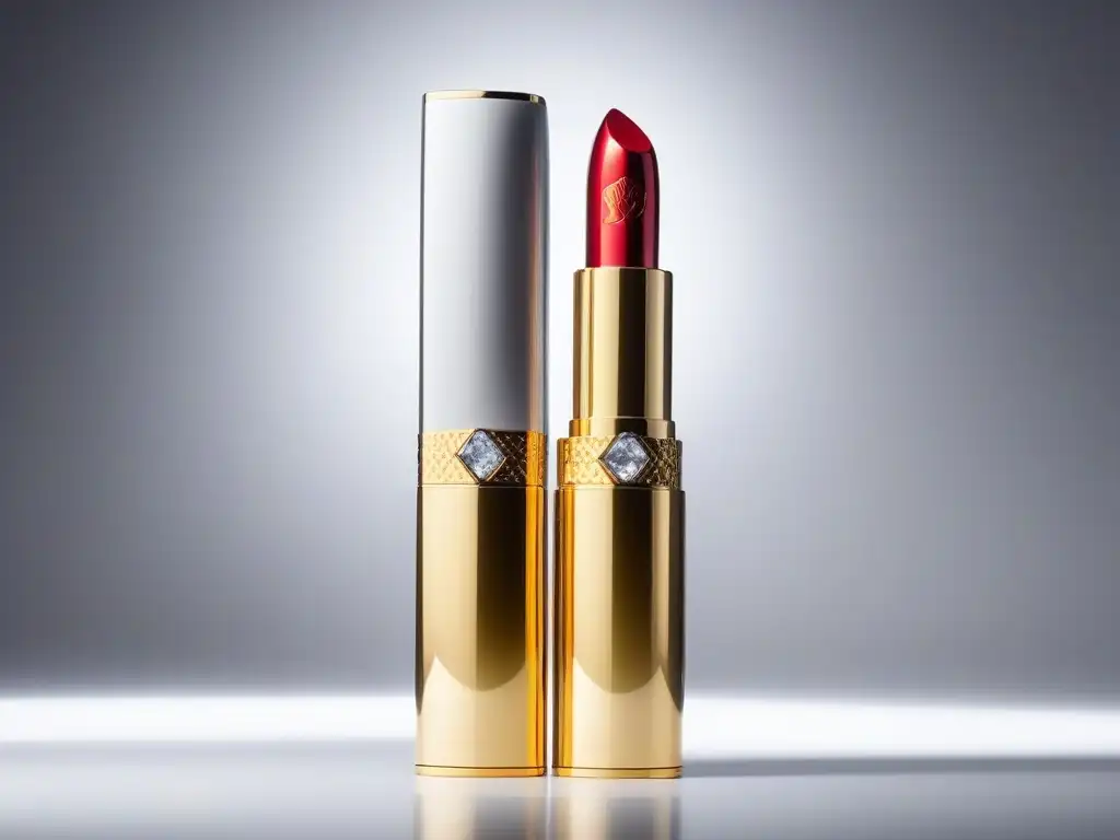 Exquisita belleza: labial de oro con diamantes Detalle lujoso: tubo de lápiz labial dorado con logo de diamantes, fondo minimalista iluminado