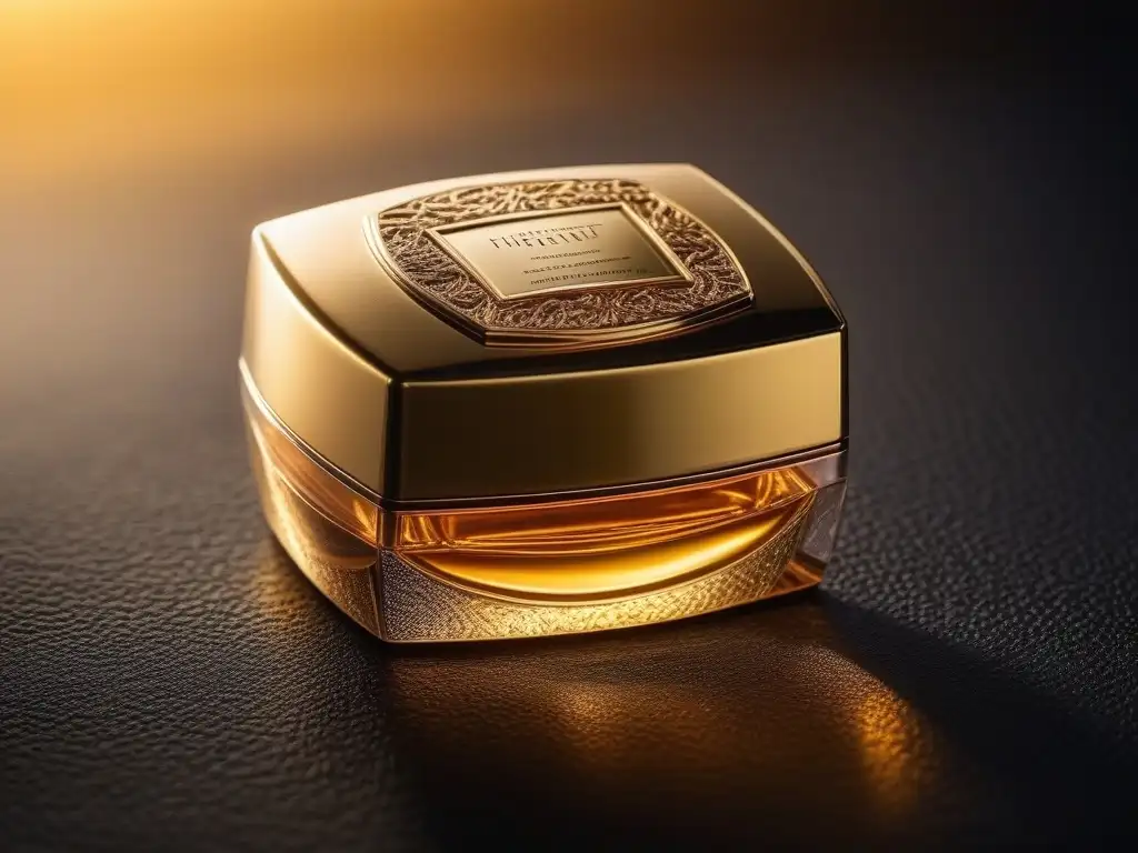 Producto de belleza de lujo: detalle dorado y sofisticado Detalle lujoso de producto belleza alta gama con envase dorado brillante y branding en relieve