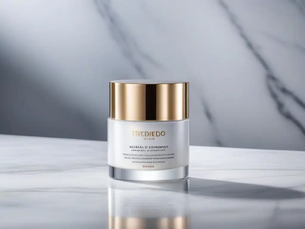 Producto de lujo: detalle envase skincare en mármol Detalle lujoso de un producto para la piel en empaque moderno sobre mármol iluminado, mostrando sofisticación