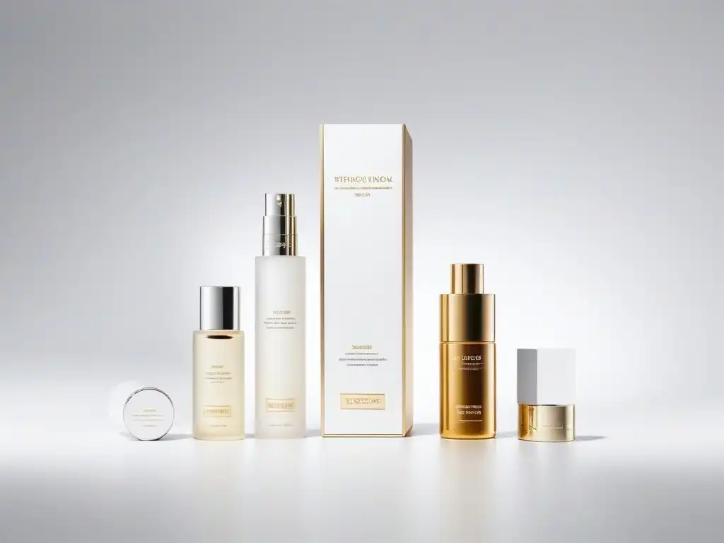 Producto de belleza de lujo: ingredientes avanzados y diseño elegante Detalle lujoso de producto skincare rodeado de ingredientes de alta gama