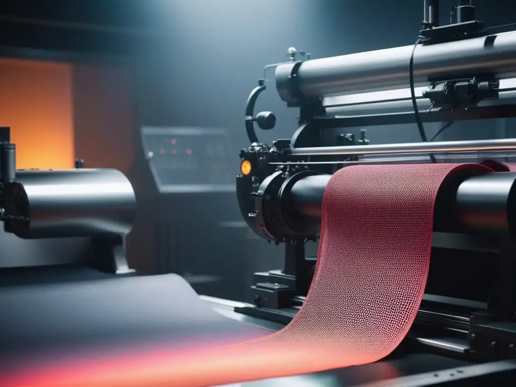 Máquina textil de alta tecnología en acción: patrones vibrantes y precisión Detalle de máquina textil de alta tecnología en acción, creando patrones y texturas vibrantes