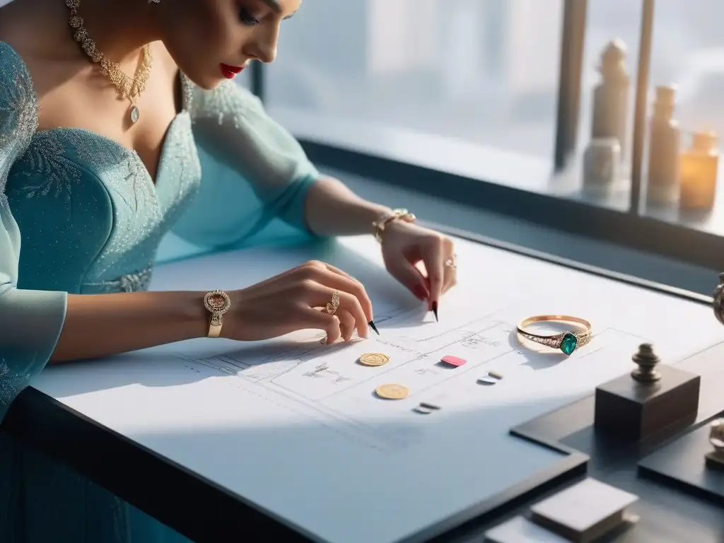 Manos de diseñadora de moda creando haute couture en detalle Detalle de diseño de moda tallas petite: manos de diseñadora esbozando un vestido de alta costura en mesa de dibujo minimalista