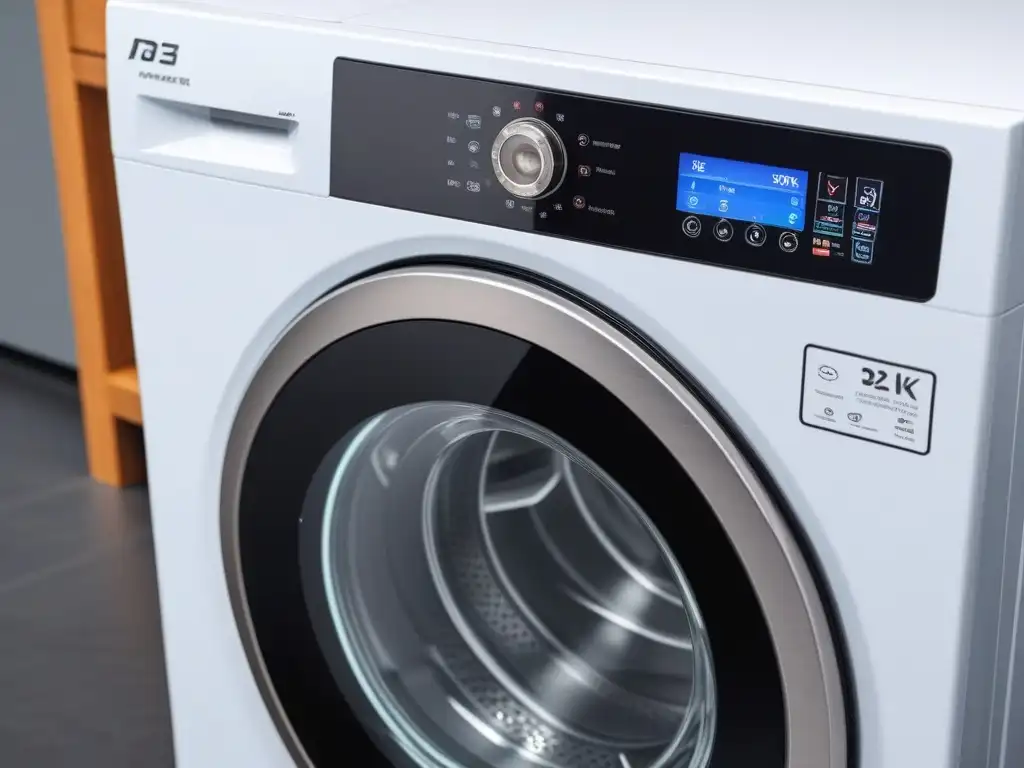 Panel de control de lavadora moderna: detallado y avanzado Detalle moderno del panel de control de una lavadora, destacando ajustes de temperatura, velocidad de centrifugado y compartimentos de detergente